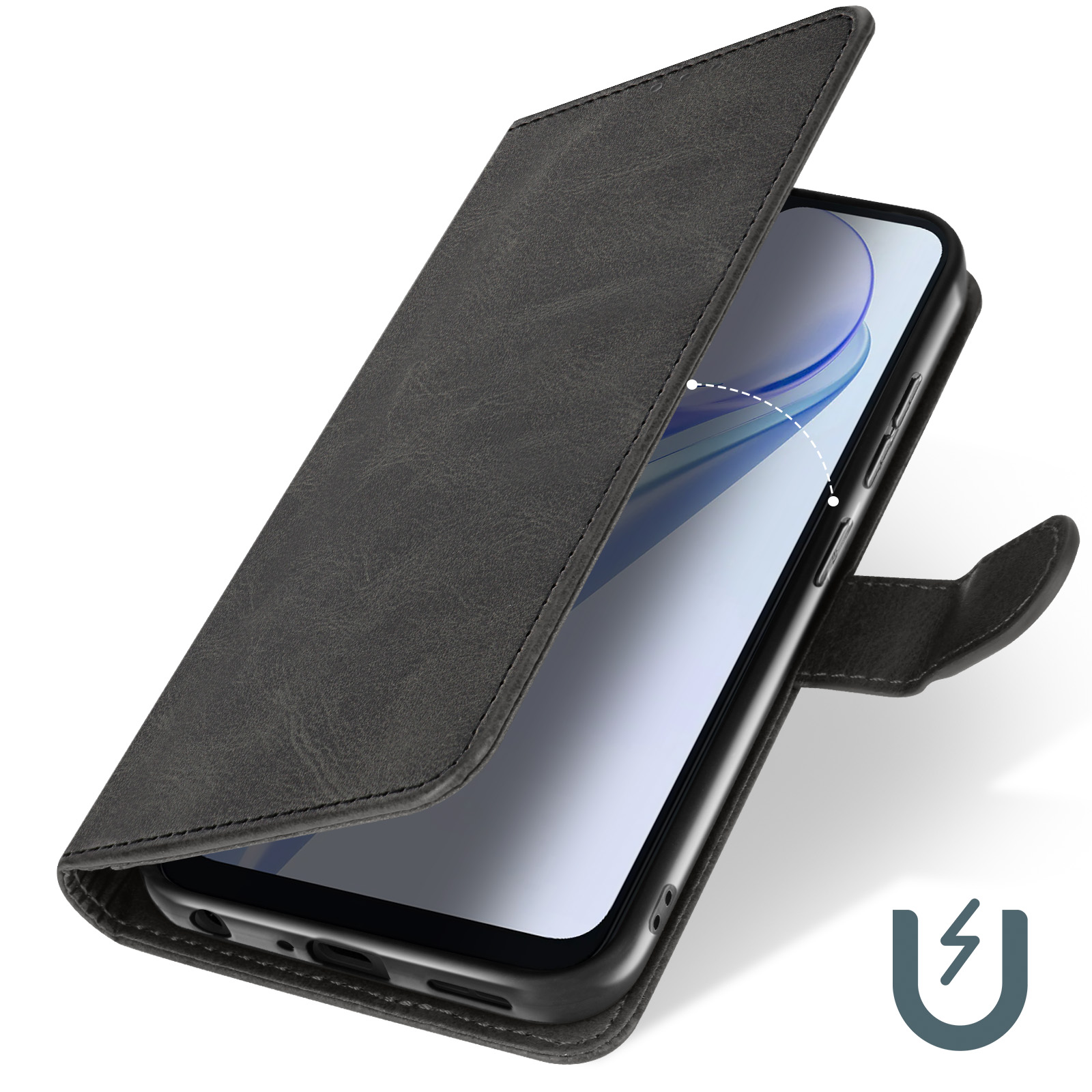 Graue Leder-Handyhülle ist geöffnet und zeigt ein Telefon. Ein Magnetsymbol wird angezeigt.