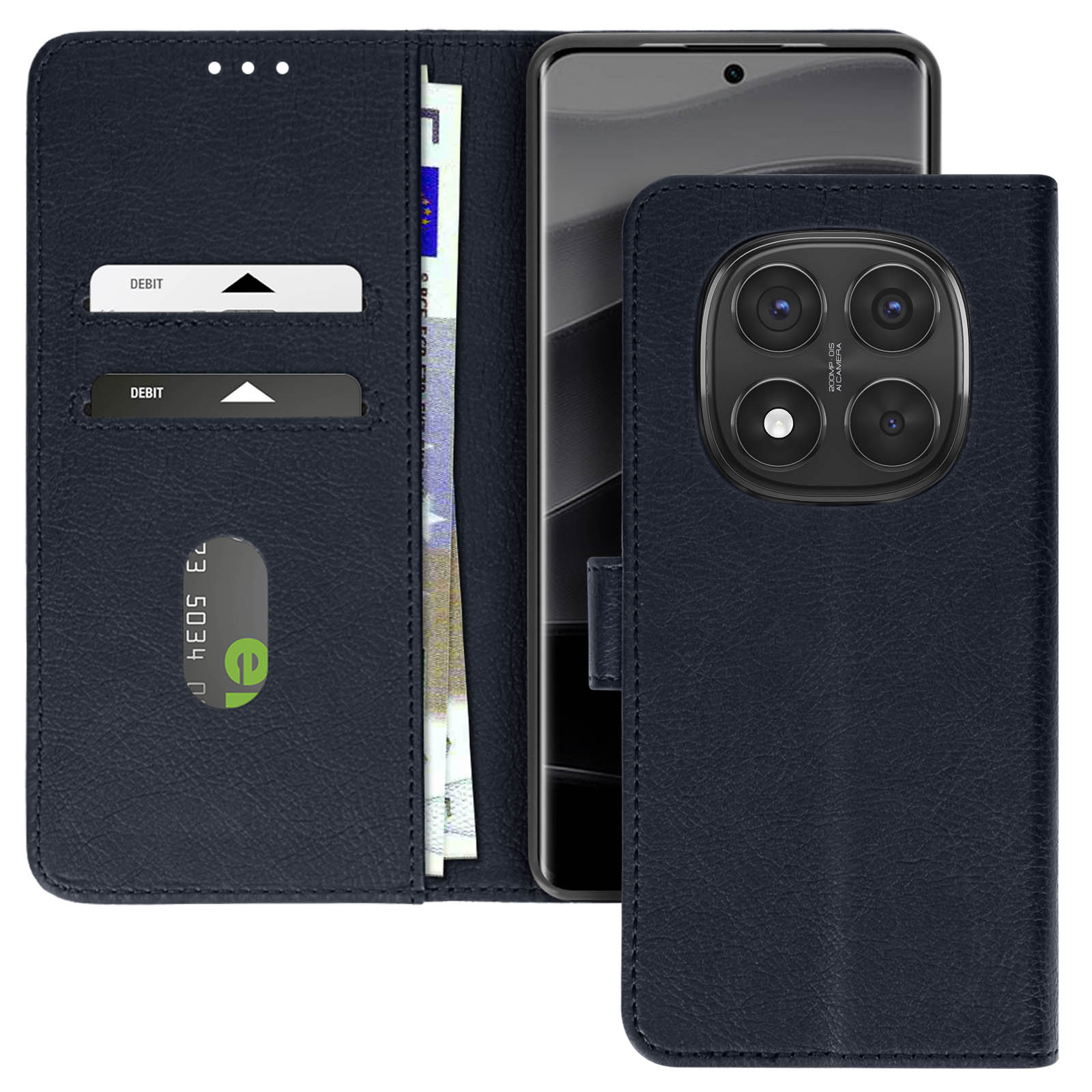 Una custodia per telefono blu navy aperta con telefono, carte e banconota da euro.