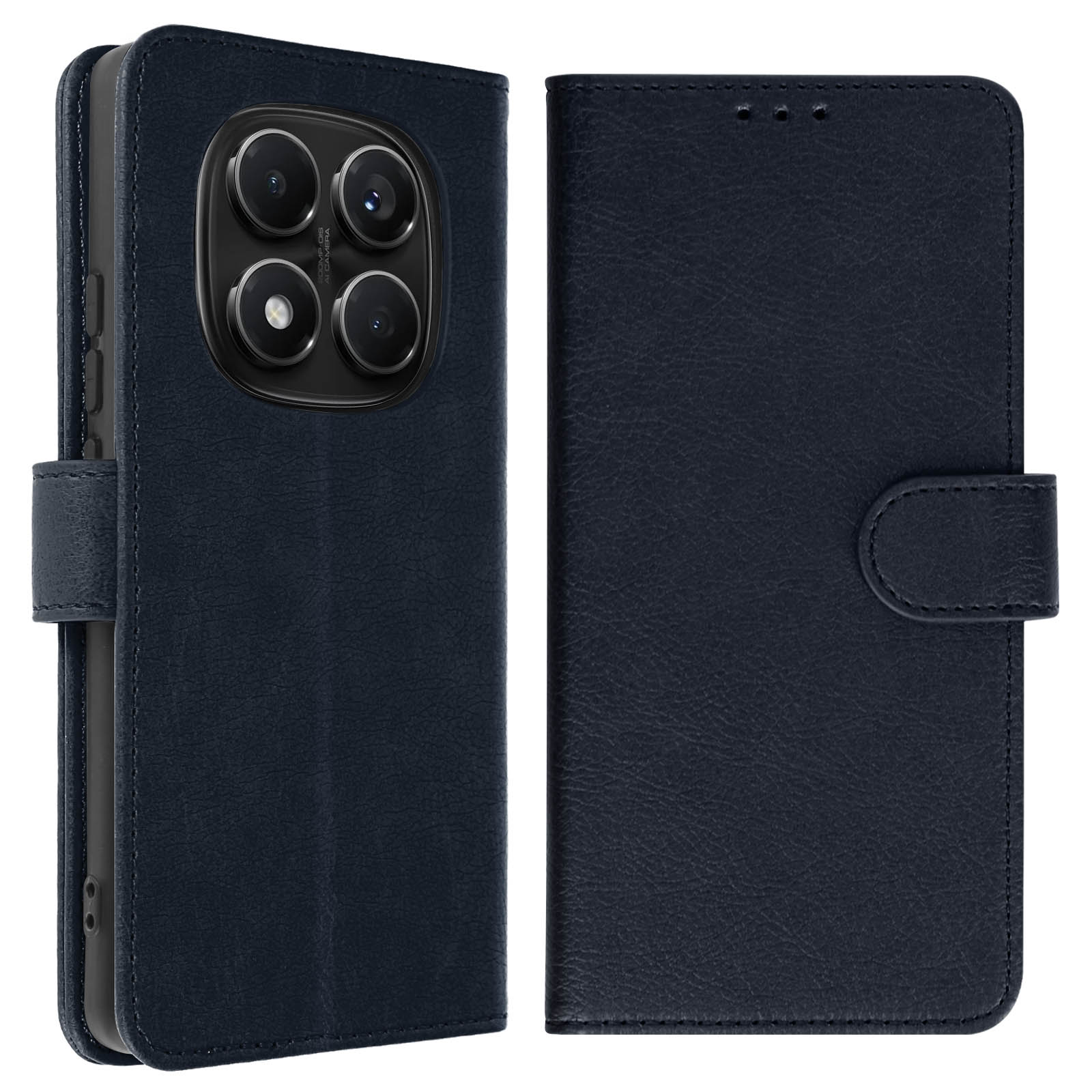 Una custodia per telefono blu navy chiusa con una configurazione multi-fotocamera sul retro.