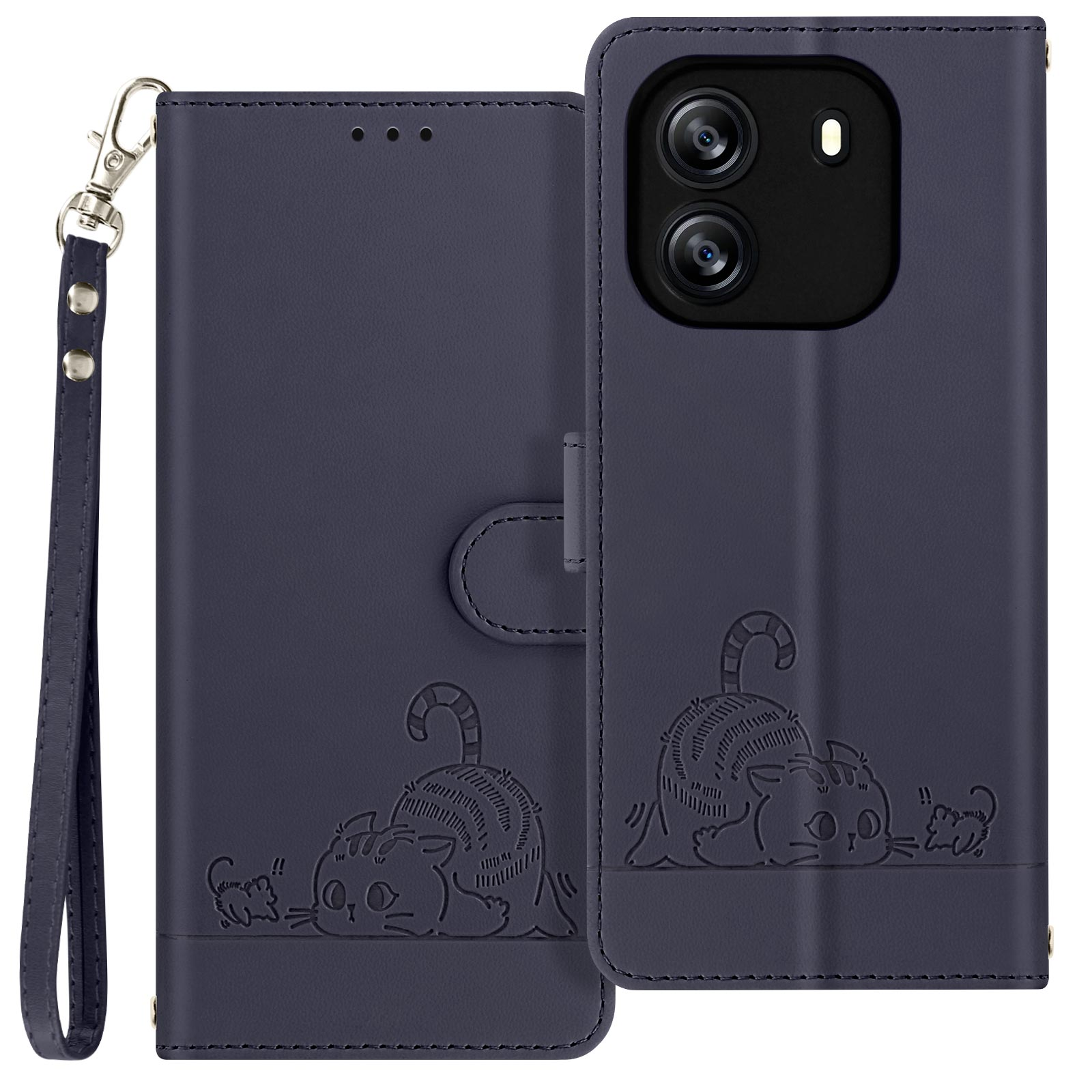 Eine dunkelblaue Handyhülle mit Katzendesign. Die Hülle ist geöffnet und zeigt das Telefon.