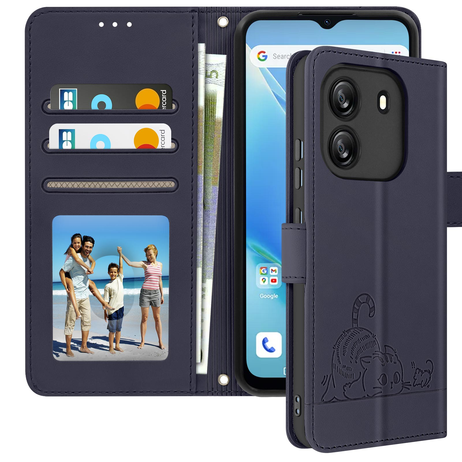 Marineblaue Handyhülle offen, mit Karten und Familienfoto. Enthält Karten, Euro-Schein und Katzendesign.