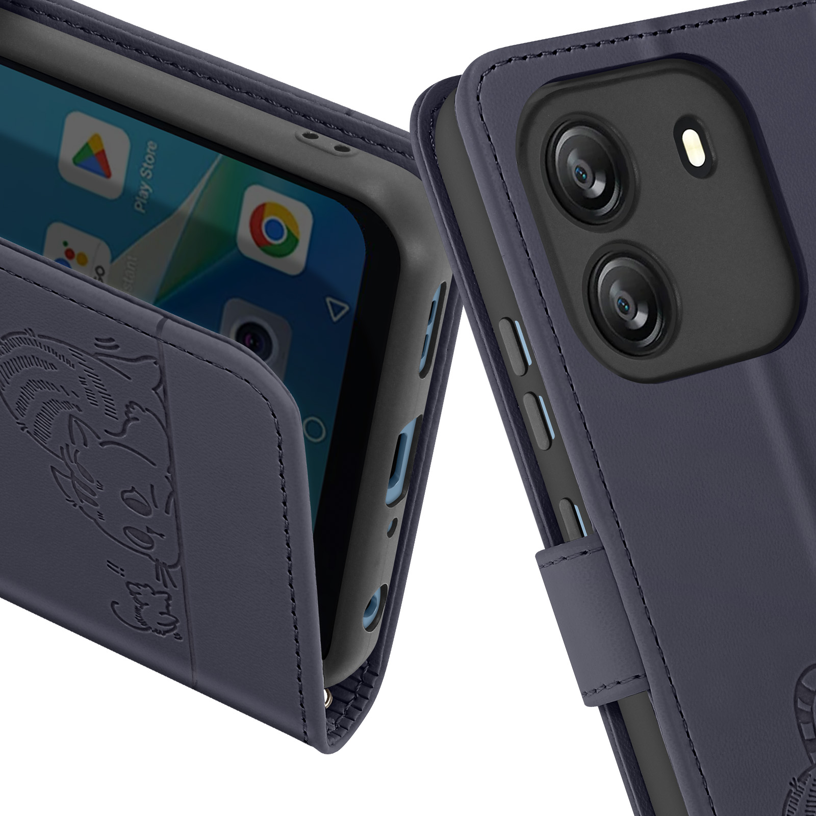 Blaue Handyhülle mit Telefon darin, zeigt Bildschirm und Funktionen.
