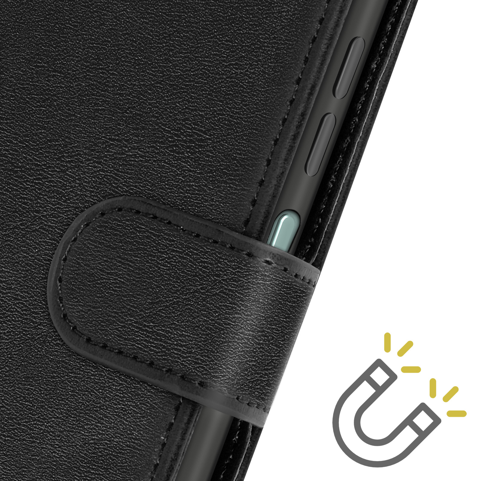 Primo piano di una custodia per telefono nera con chiusura magnetica e il simbolo del magnete.
