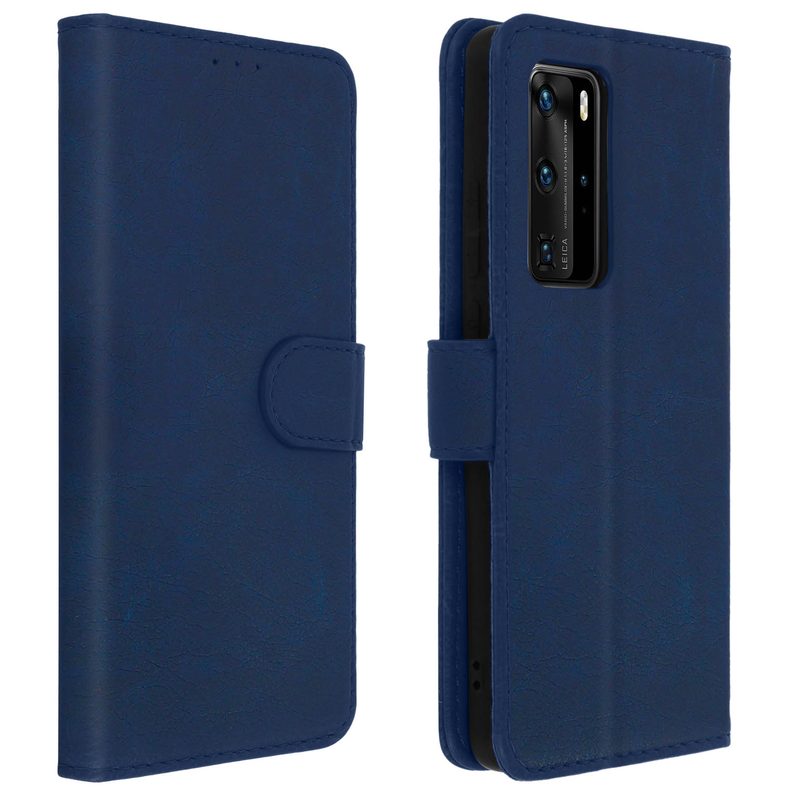 Una custodia per telefono in pelle blu, aperta e chiusa. Con fotocamera e chiusura a bottone.