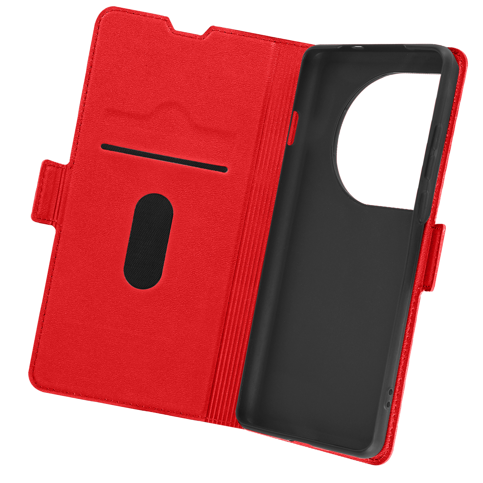 Geöffnete rote Handyhülle mit Kartenfächern und einem schwarzen Telefon darin.