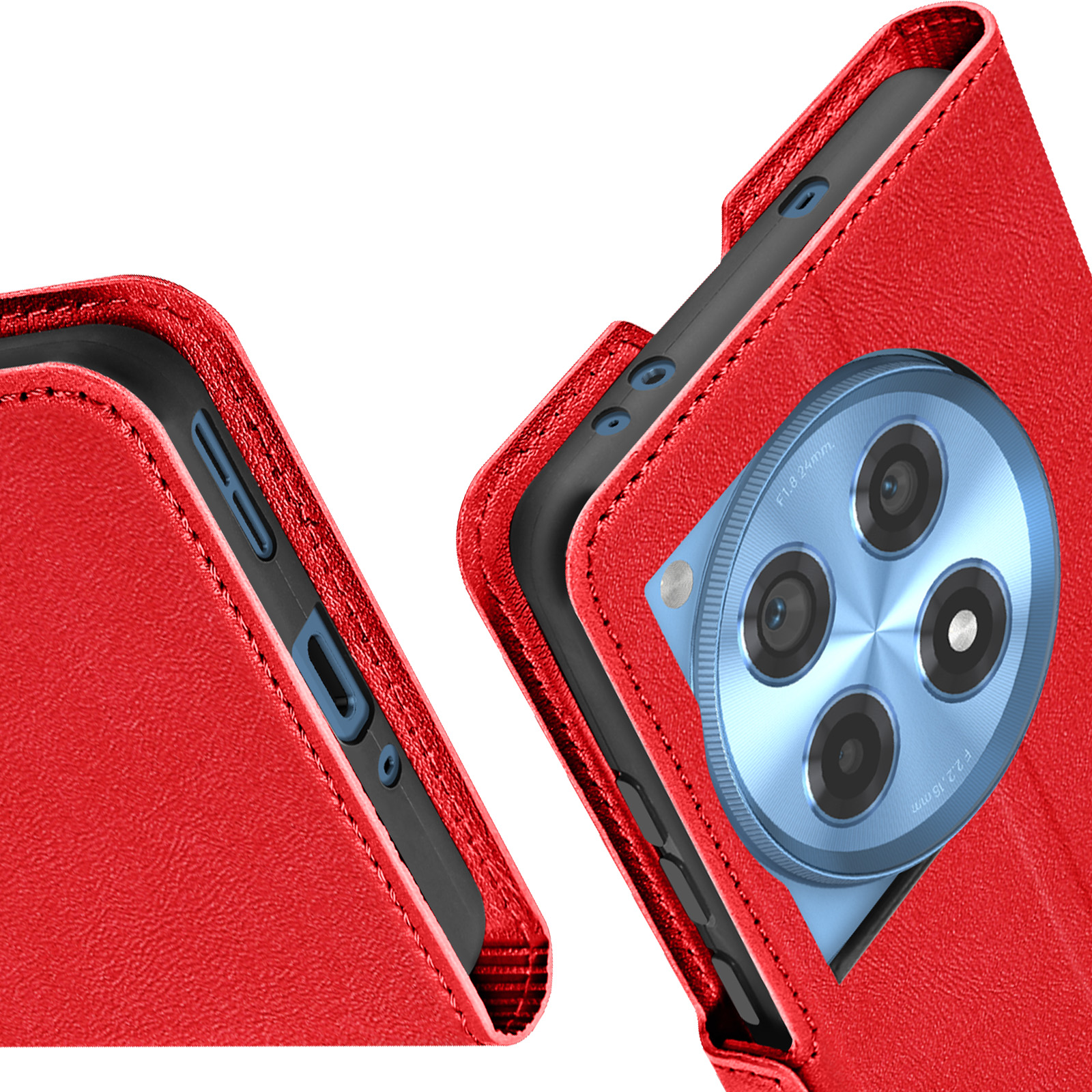 Eine rote Handyhülle mit Kameras und einem kreisförmigen Design.