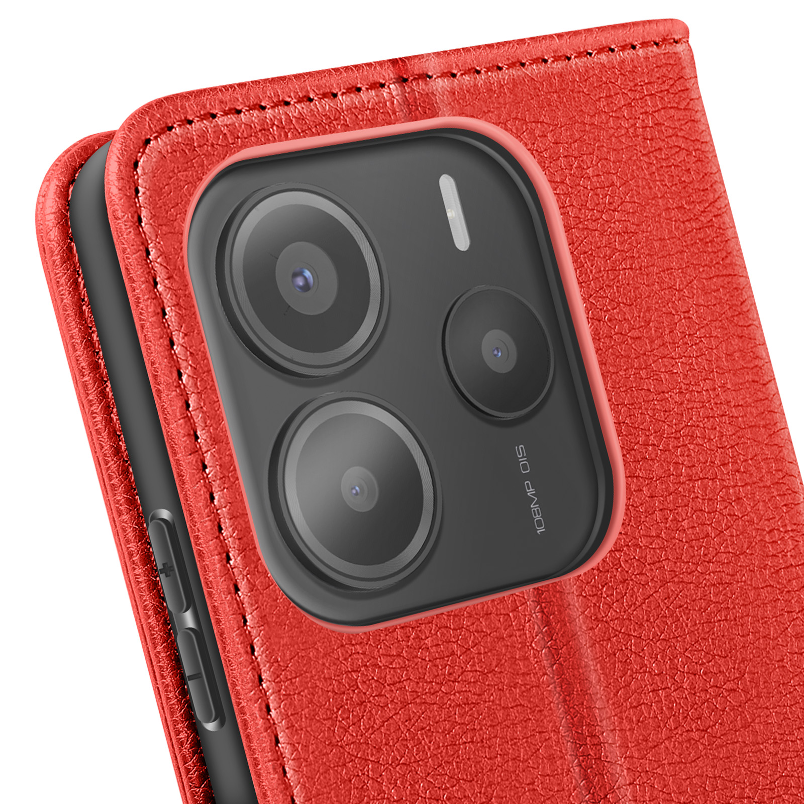 Custodia rossa per telefono, aperta. Configurazione a tripla fotocamera visibile. La custodia ha una finitura strutturata.