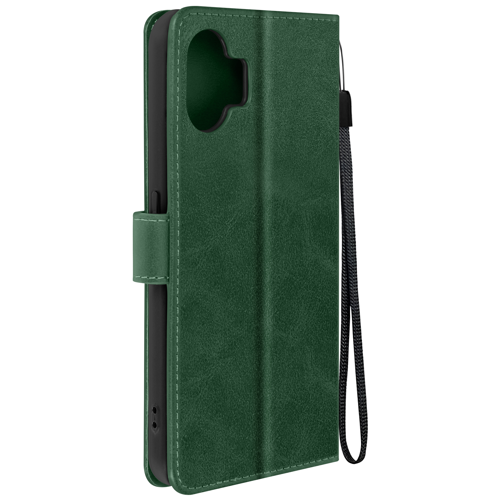 Una custodia per telefono verde, chiusa, con un cinturino. Il lato con la fotocamera e i pulsanti è visibile.