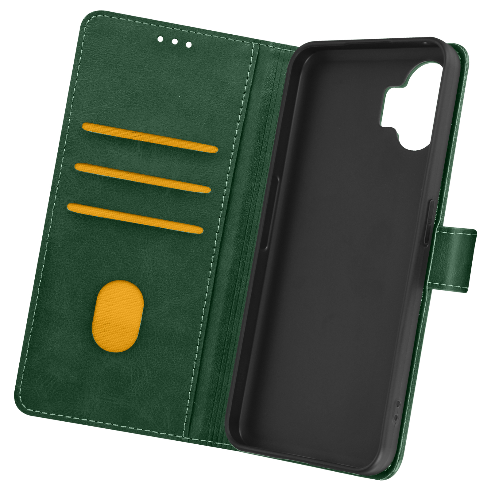 Una custodia per telefono verde aperta con scomparti per carte e interno nero. Sfondo bianco.