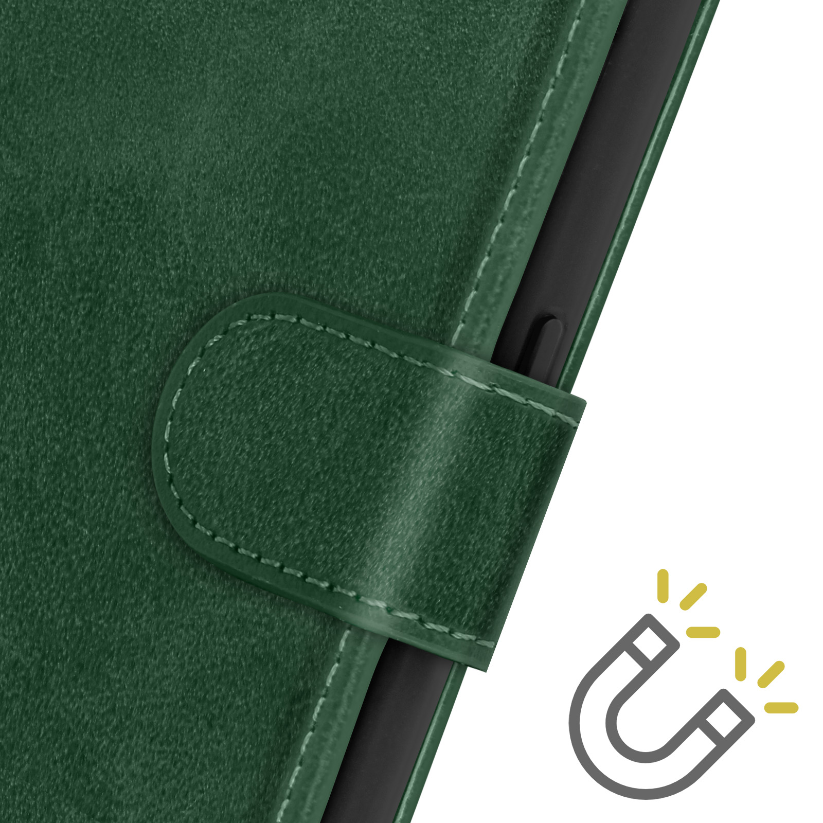 Custodia per telefono in pelle verde con chiusura magnetica. Icona magnete a destra.