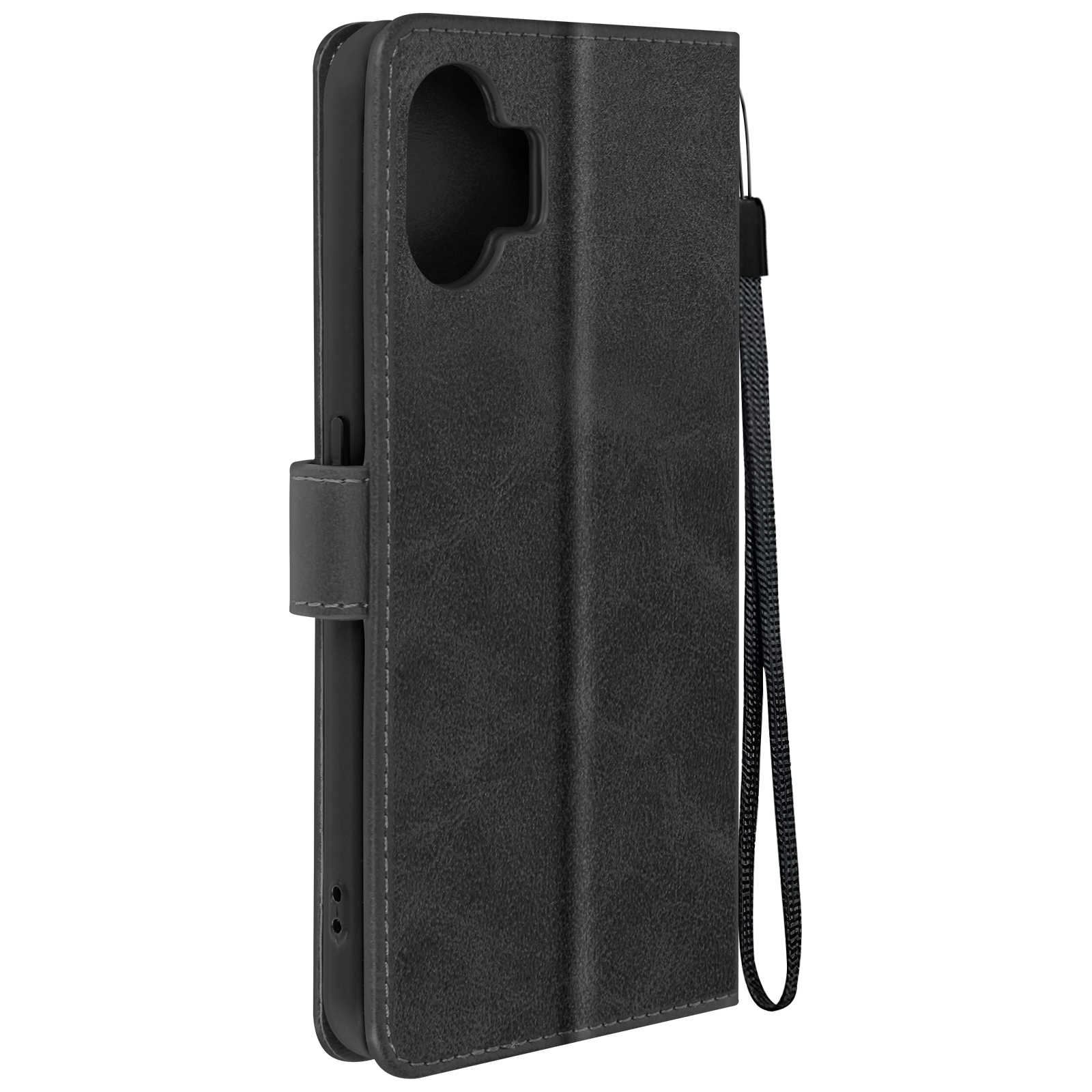 Custodia nera per telefono chiusa, con cinturino, che mostra il contorno del telefono, con chiusura a bottone.