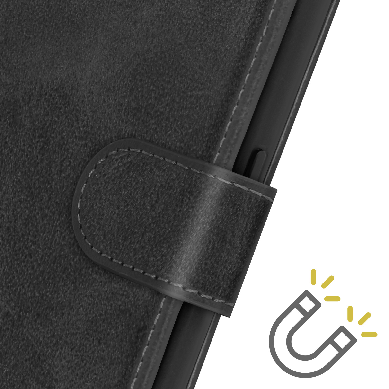 Custodia nera per telefono con chiusura magnetica. Un'icona a forma di magnete è mostrata vicino alla custodia.