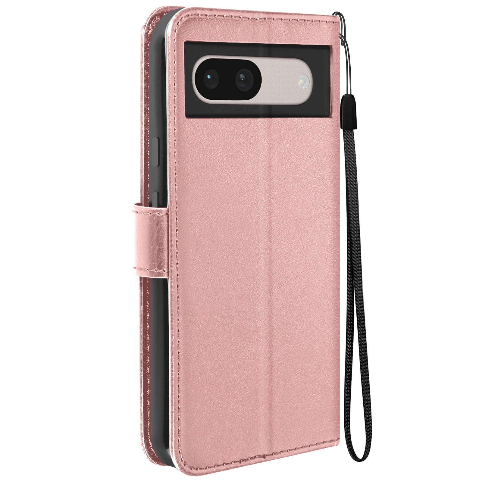 Custodia per telefono rosa con cinturino. Telefono con due fotocamere visibile. Chiusa con chiusura magnetica.