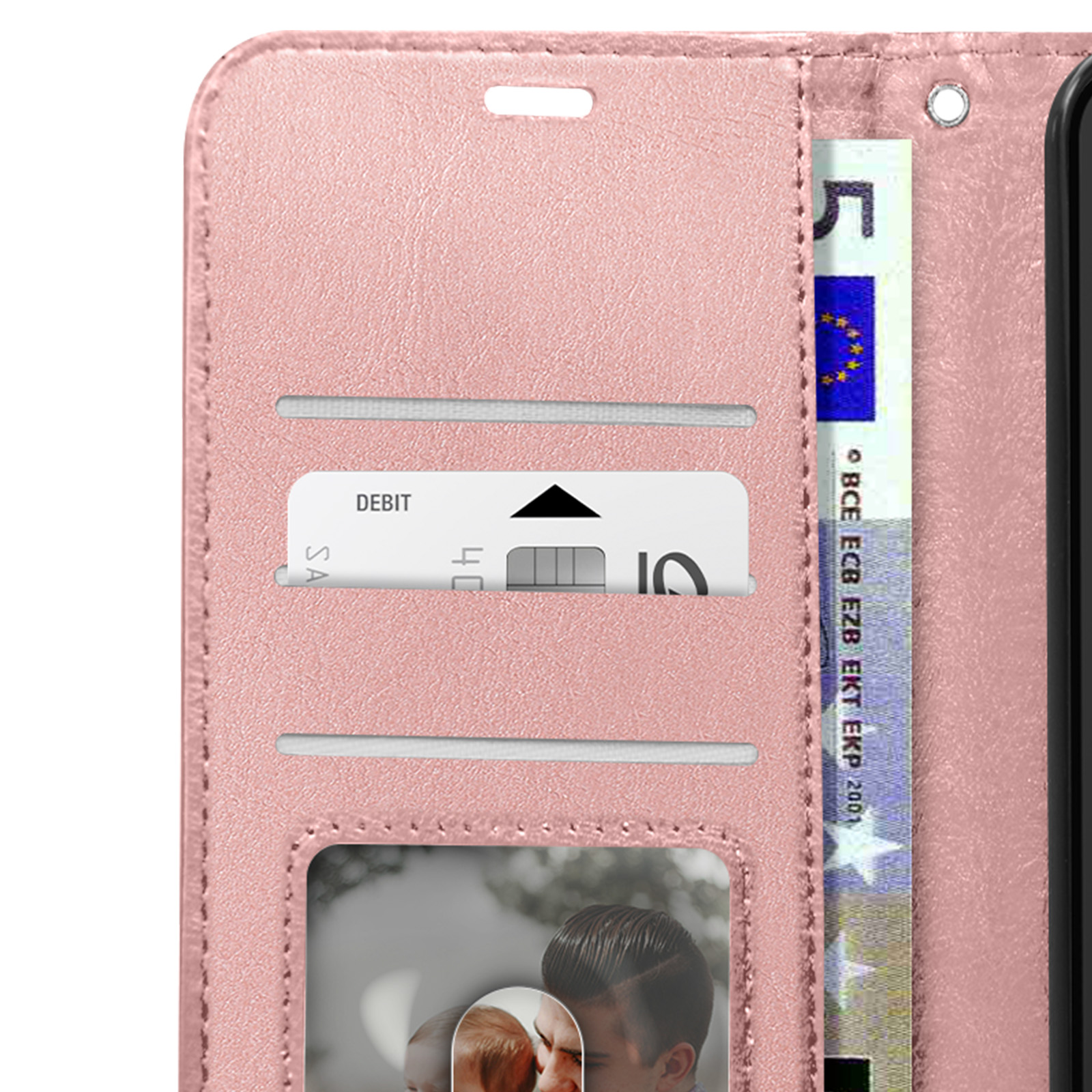 Custodia per telefono rosa con carta e denaro. Una foto è visibile nello slot per schede.