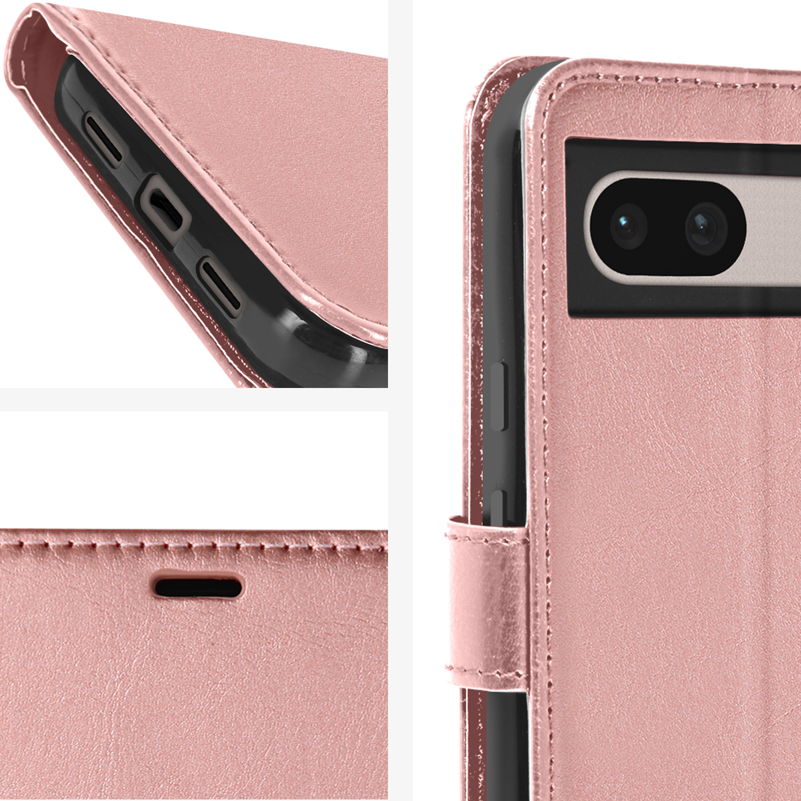 Una custodia per telefono rosa, che mostra la porta, i pulsanti e un primo piano delle cuciture sulla custodia.