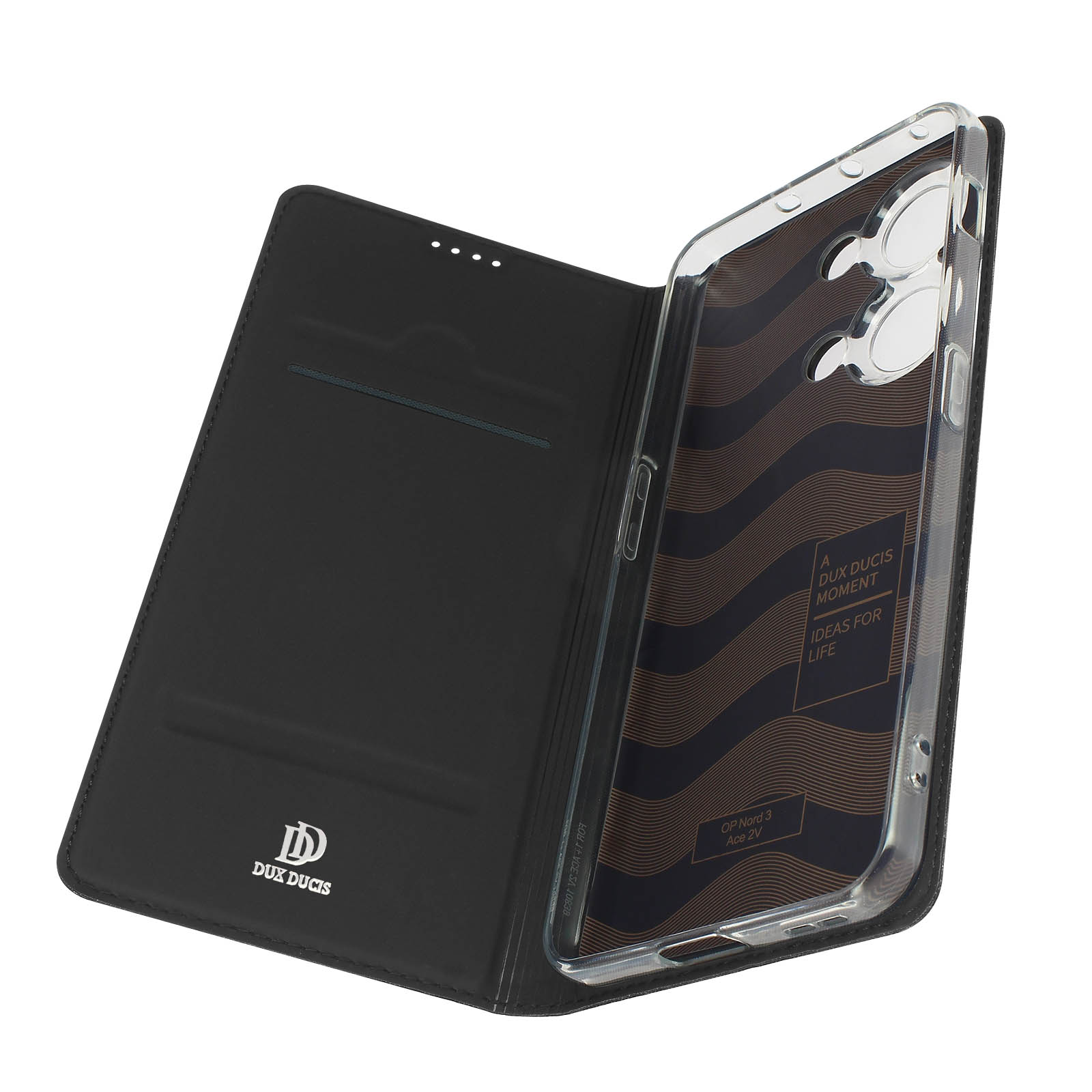 Étui de téléphone noir ouvert avec téléphone dedans. Texte sur écran et logo en bas à gauche.