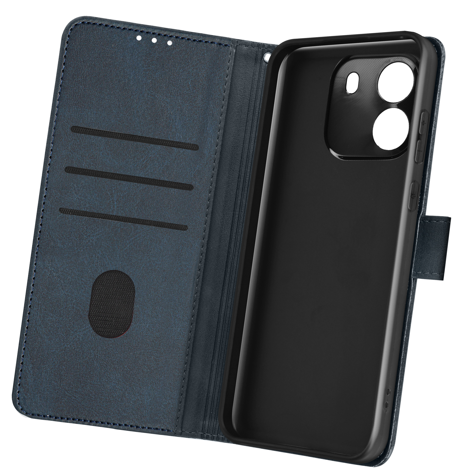 Geöffnete blaue Handyhülle mit Kartenfächern und einem schwarzen Telefonhalter.