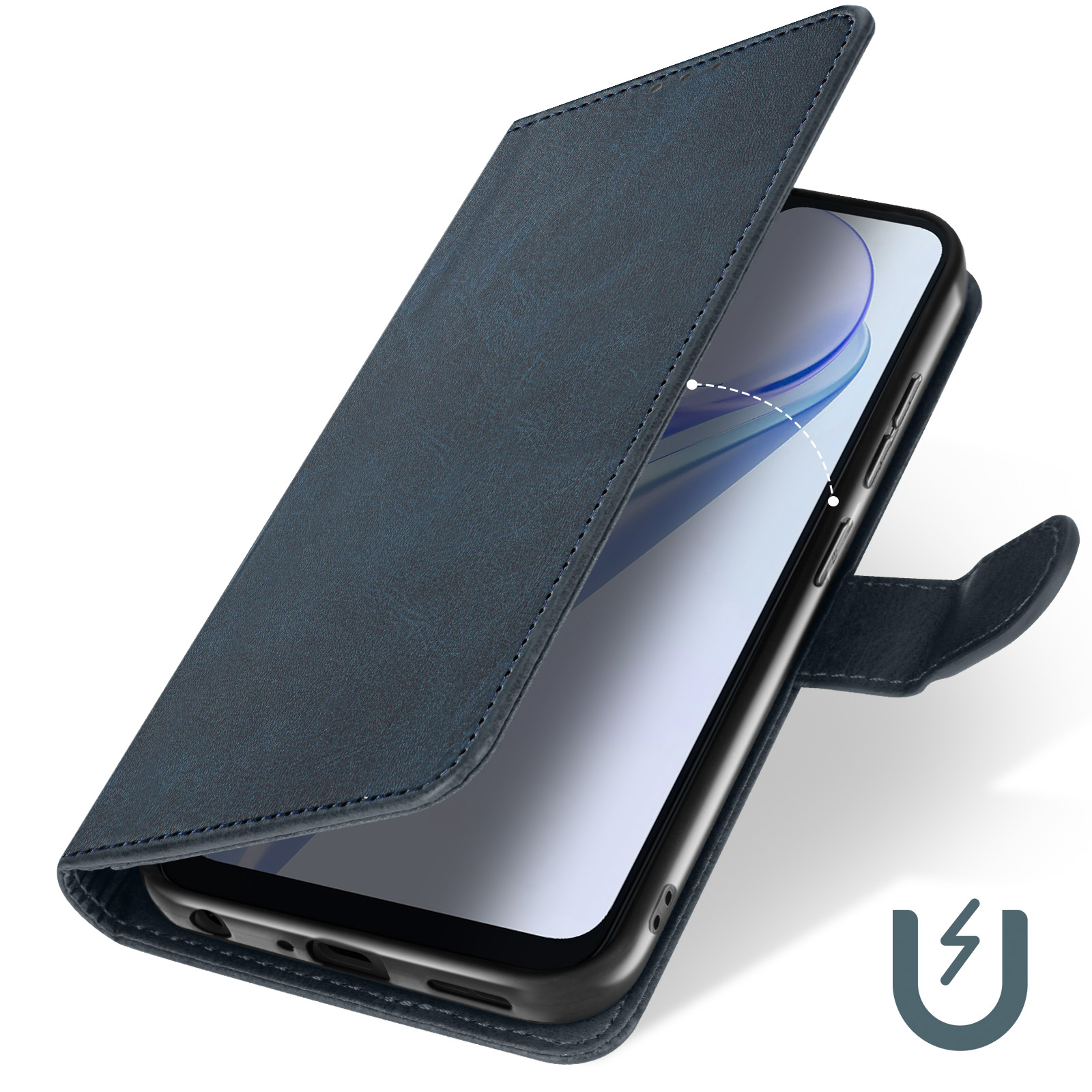 Blaue Handyhülle offen. Telefon innen sichtbar. Hülle hat Magnetverschluss.