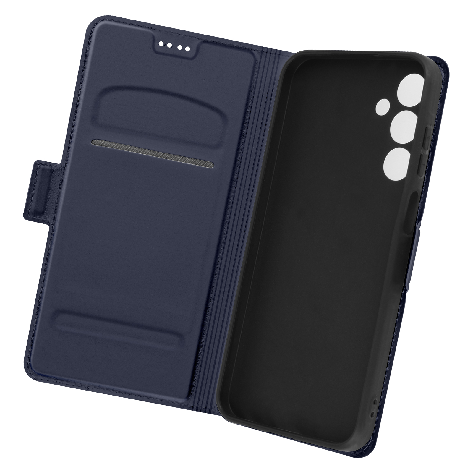 Blaue Handyhülle, offen, mit einem Telefon darin. Zeigt die Innenseite und das Telefon.