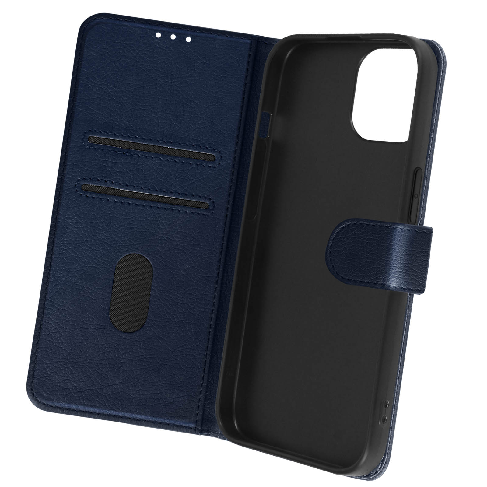 Custodia blu per telefono aperta con interno nero, con fessure per carte e un supporto per telefono.