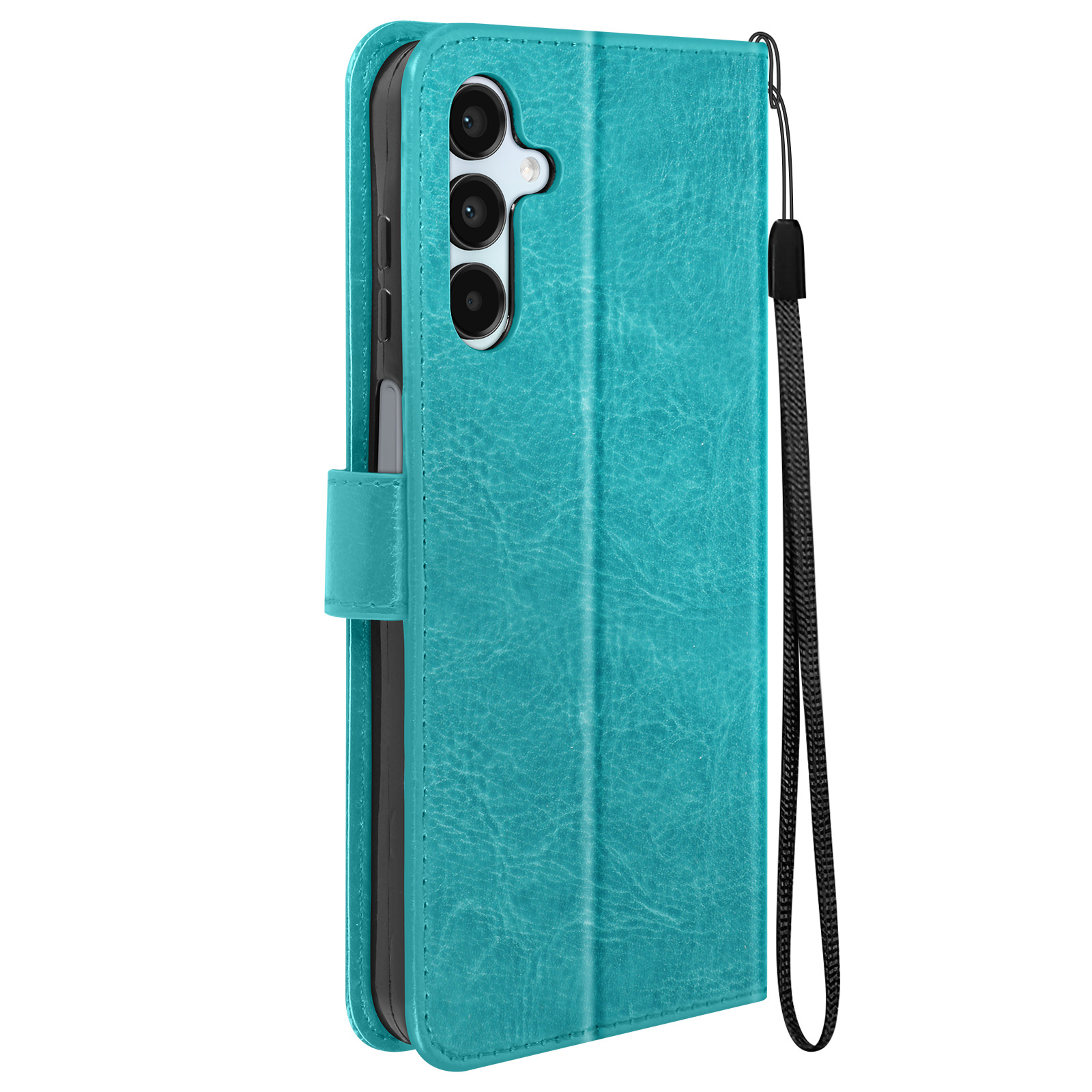 Custodia per telefono verde acqua, aperta, con cinturino da polso. Il telefono ha tre fotocamere.