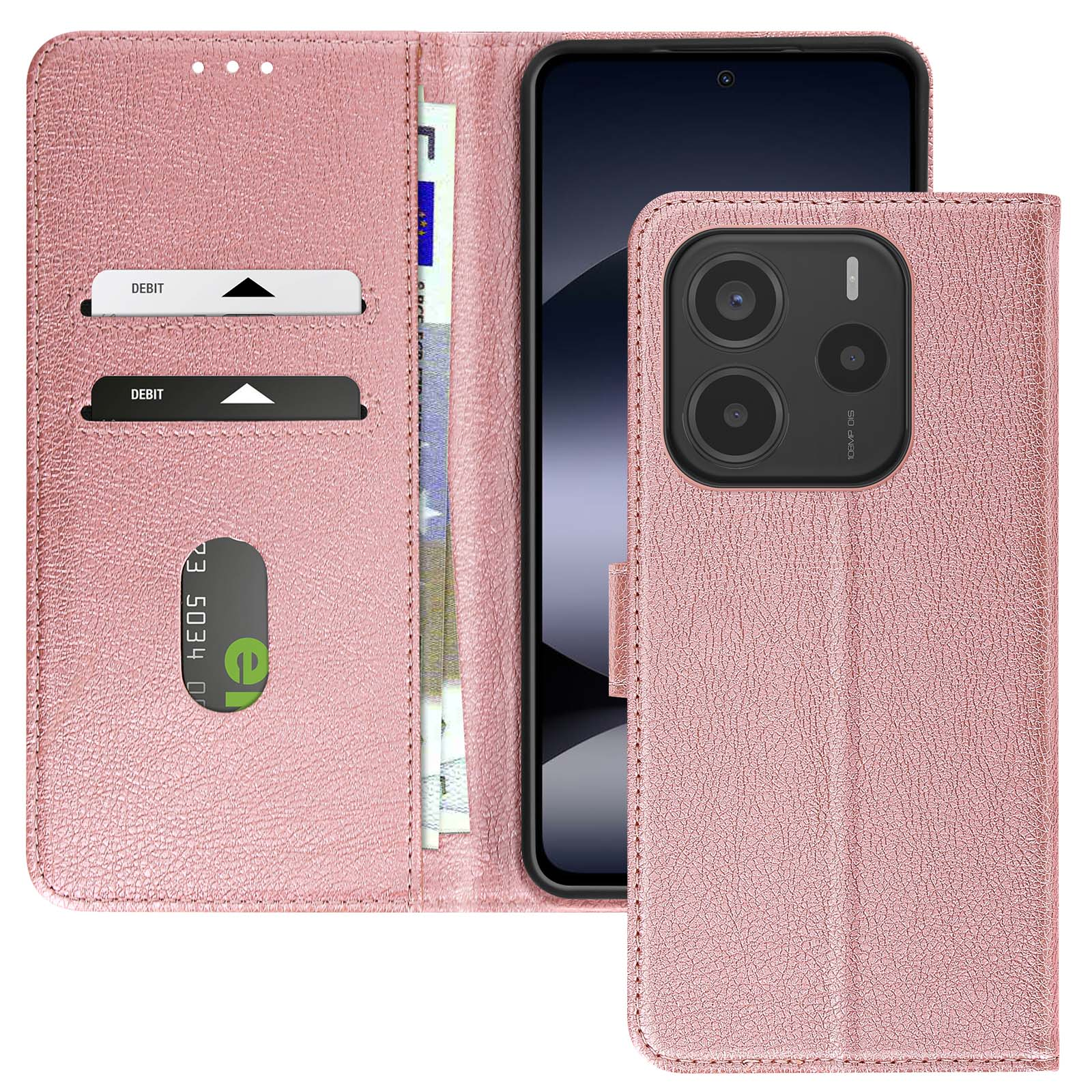 Custodia rosa per telefono con design a portafoglio, aperta. Dentro, carte di debito e un telefono. Chiusa, un telefono con fotocamera.