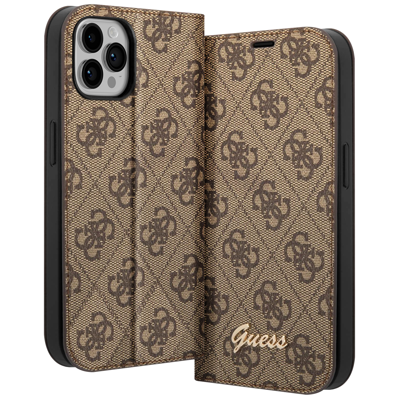 Custodia per telefono aperta con motivo logo Guess. Telefono e custodia sono marroni e beige. Logo Guess visibile.