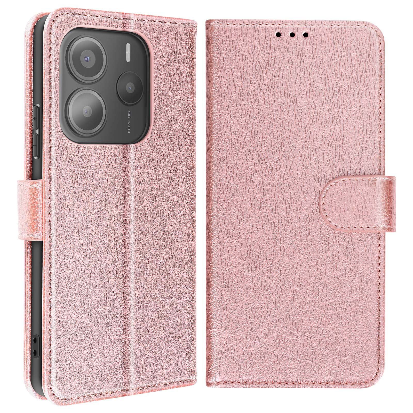 Custodia per telefono rosa, aperta. Mostra il retro con le lenti e il fronte con lo slot per schede.