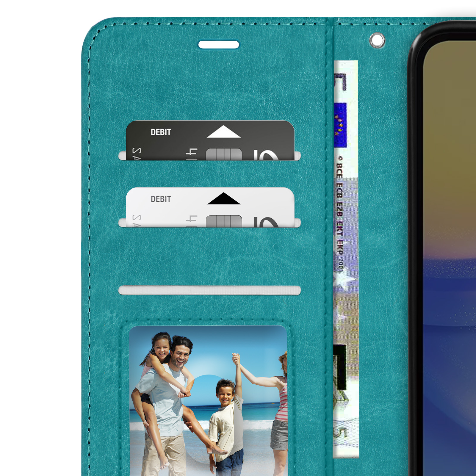 Custodia per telefono verde acqua con carte, foto e denaro visibili.
