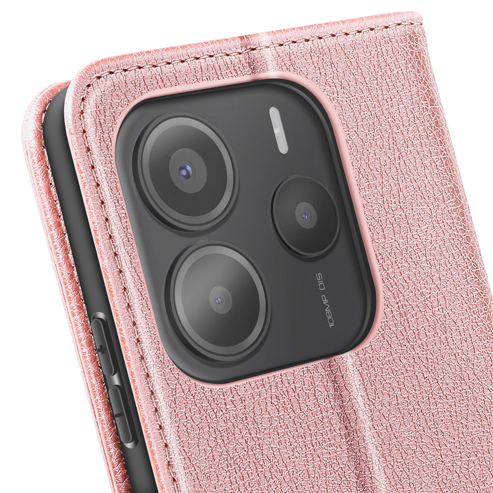 Una custodia per telefono rosa con una tripla fotocamera.