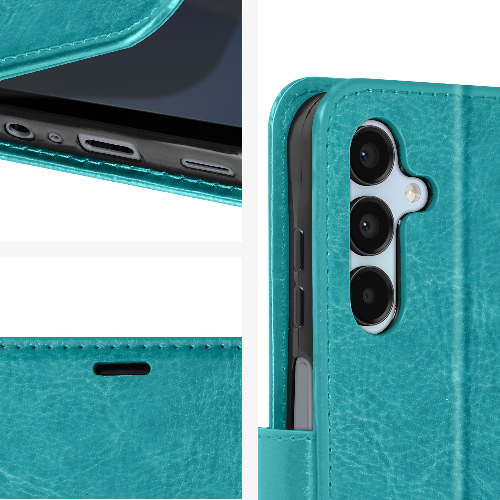 Primo piano di una custodia per telefono verde acqua con obiettivi della fotocamera e pulsanti laterali visibili.