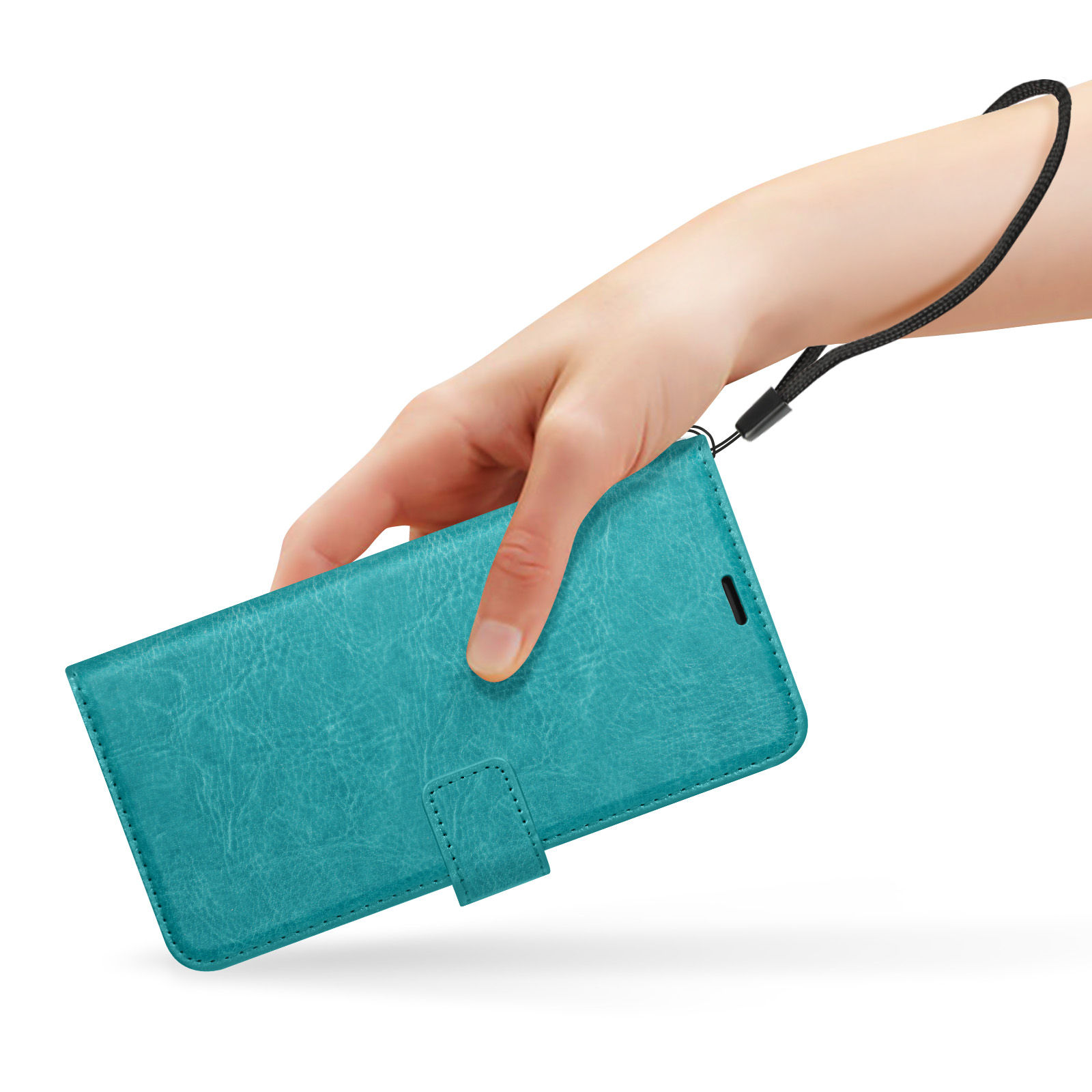 Mano che tiene una custodia per telefono verde acqua con un cinturino.