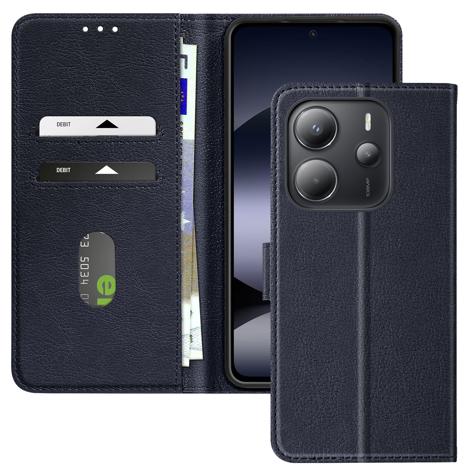 Custodia per telefono blu navy con carte e denaro, aperta, con telefono all'interno.