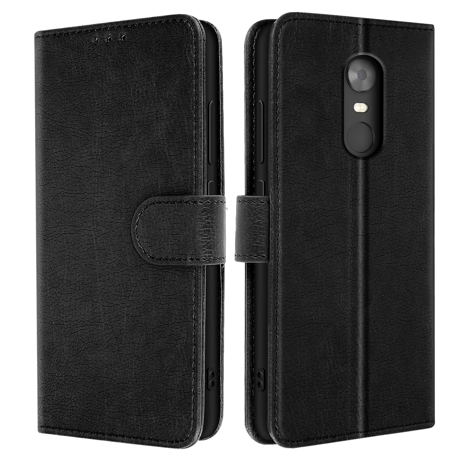 Custodia nera per telefono, aperta e chiusa. Ha una chiusura a scatto. La custodia chiusa presenta una fotocamera.