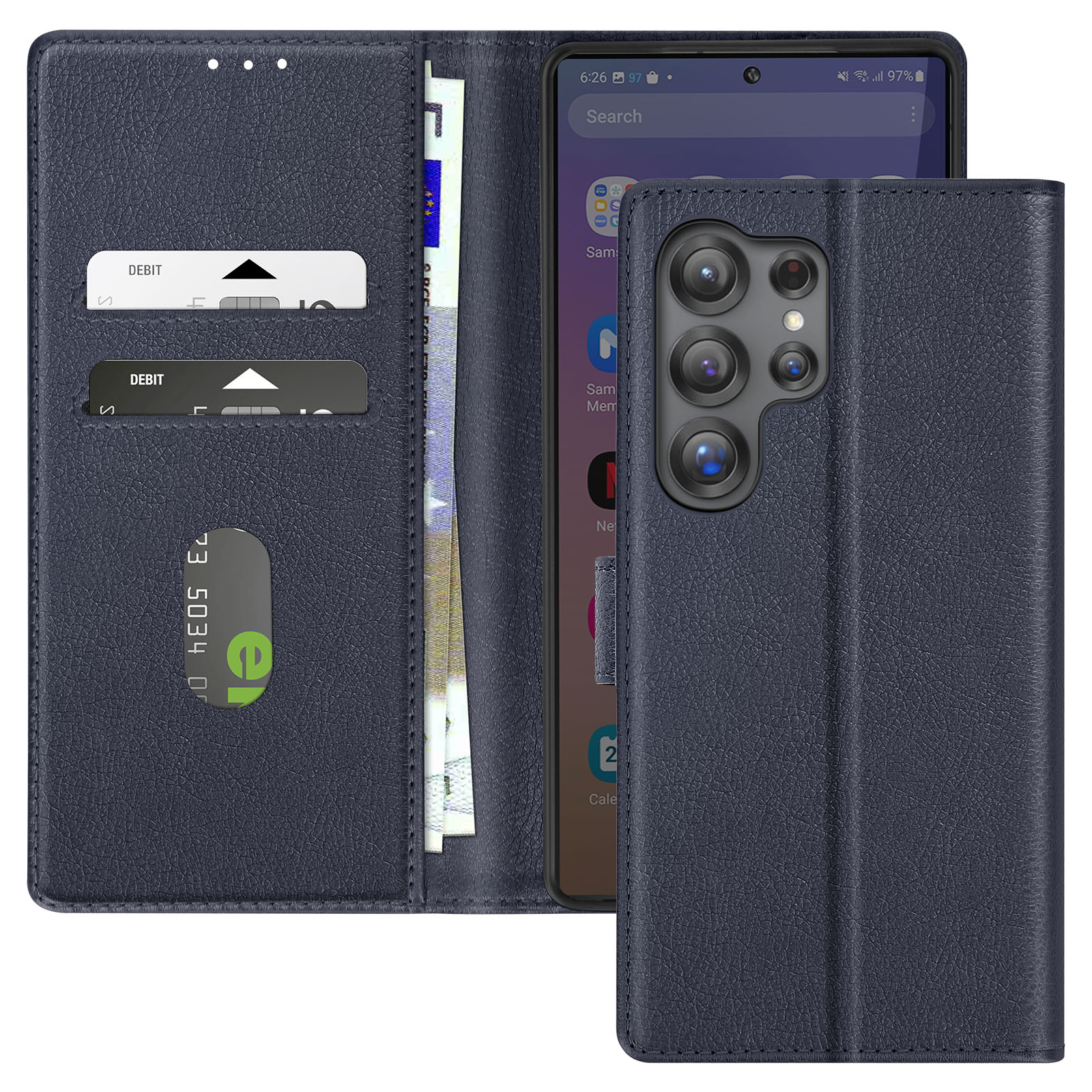 Custodia blu navy con telefono, carte e carte di debito all'interno.
