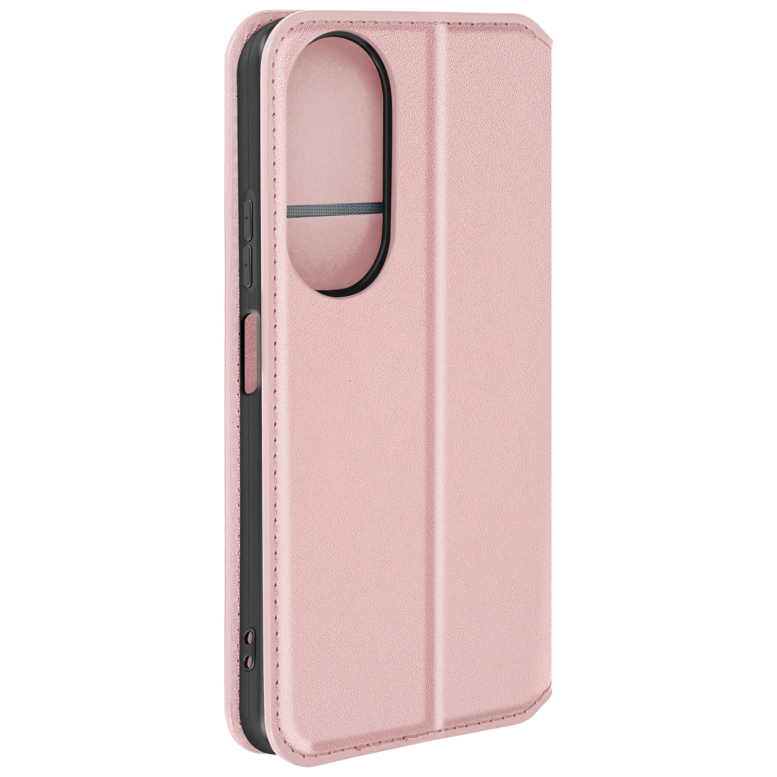 Una custodia per telefono rosa con un telefono all'interno. La custodia è chiusa e ha una texture liscia.