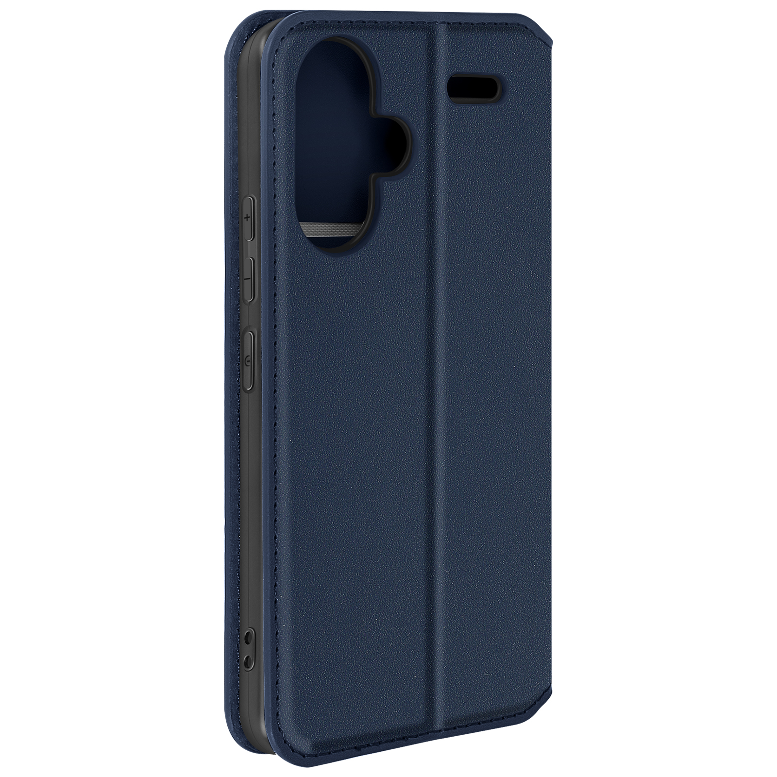 Custodia blu per telefono aperta. Mostra il lato e i pulsanti del telefono. La custodia è blu.