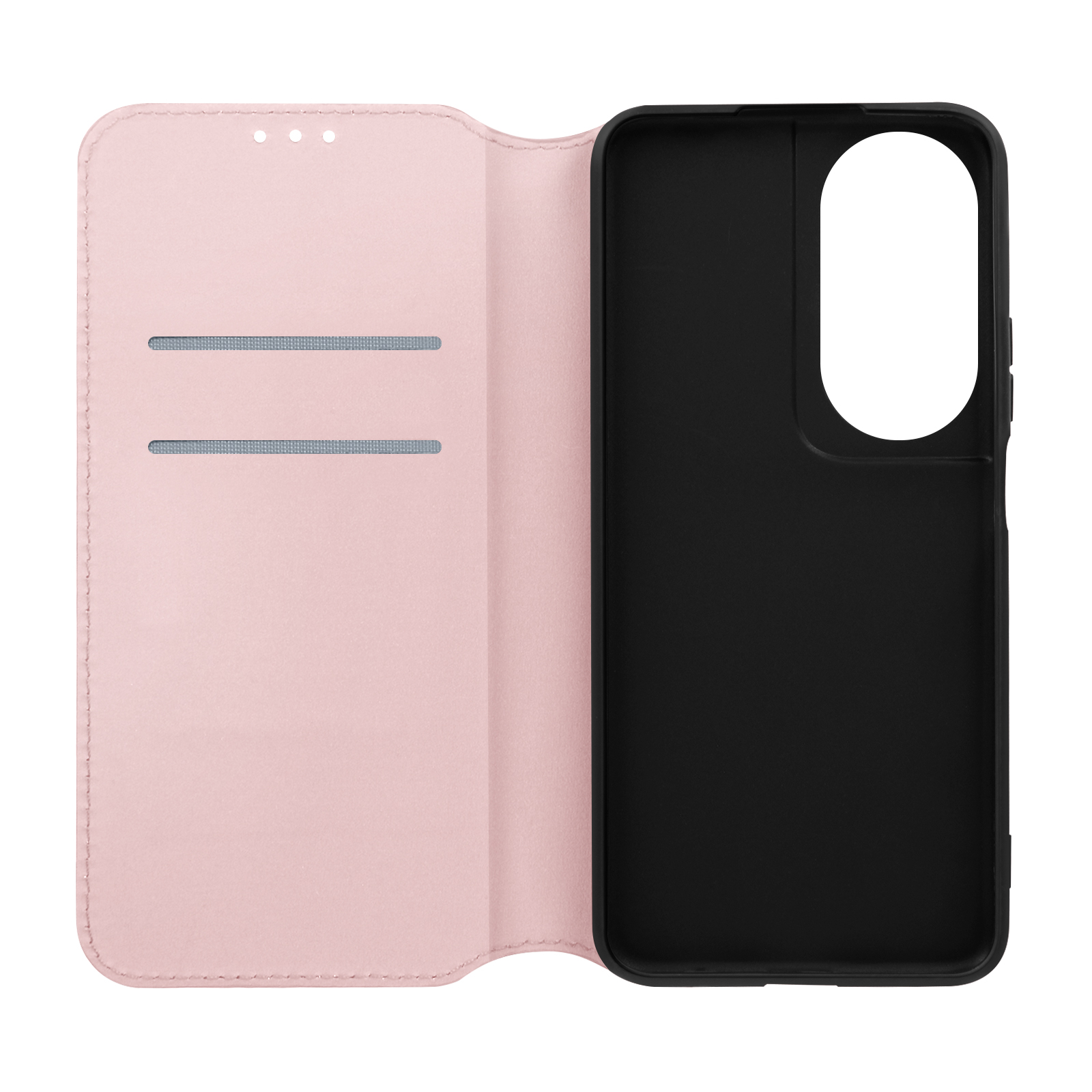 Custodia per telefono rosa aperta con fessure per carte e telefono all'interno. Telefono nero all'interno.