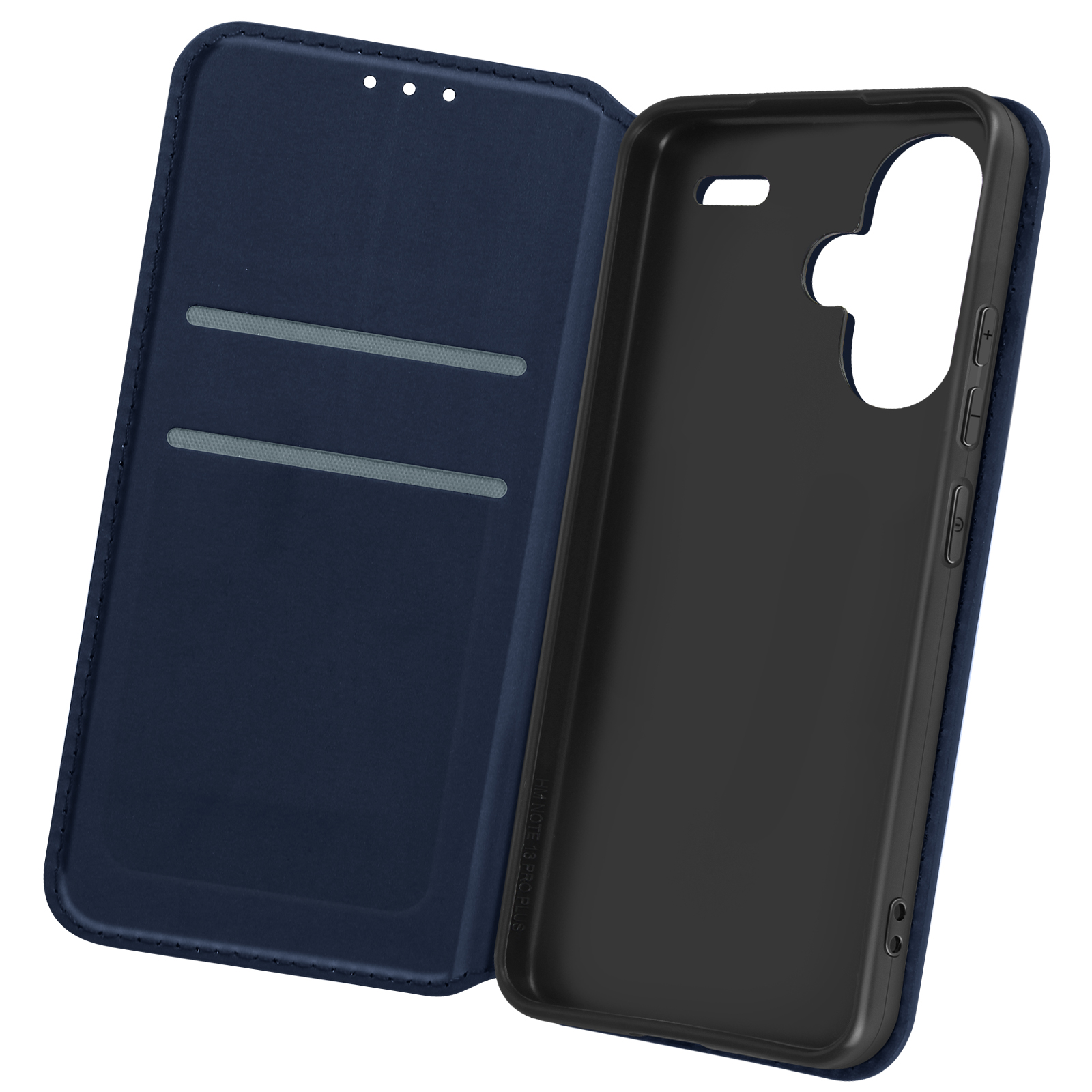 Custodia blu navy aperta, con fessure per carte e interno nero.