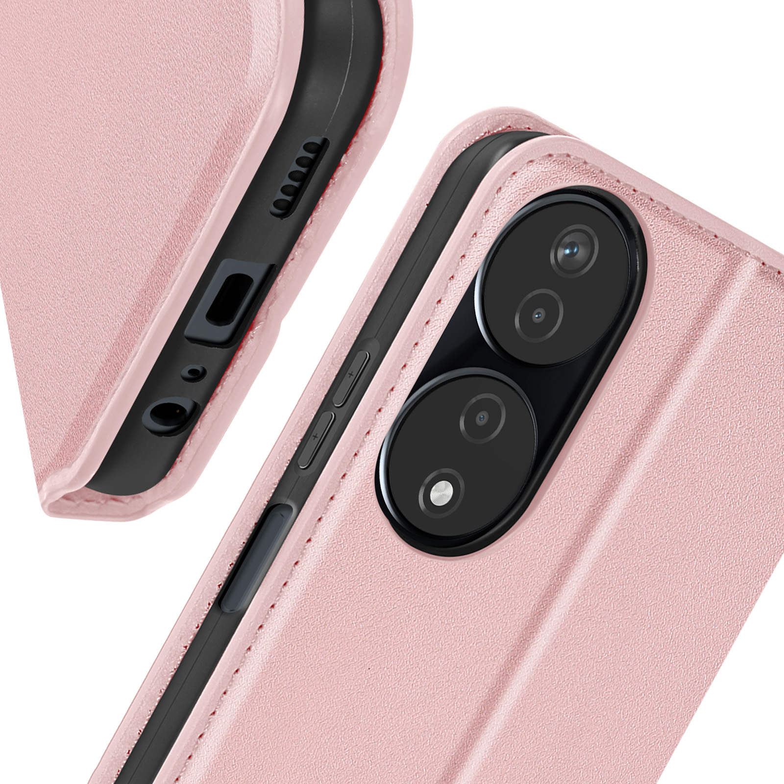 Custodia rosa con telefono nero, mostra lenti della fotocamera e pulsanti.