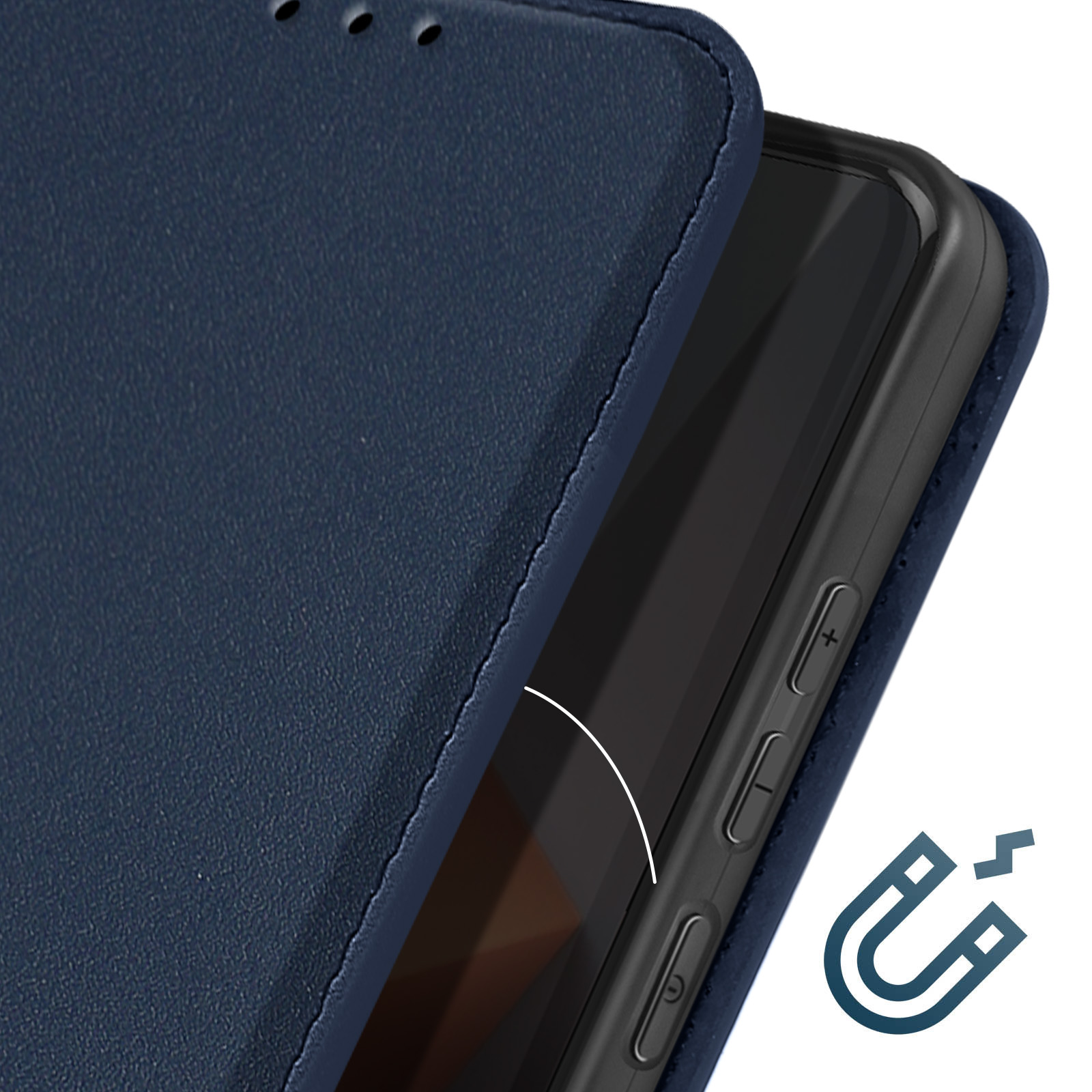 Custodia blu aperta con telefono all'interno, primo piano dei pulsanti laterali e del magnete.