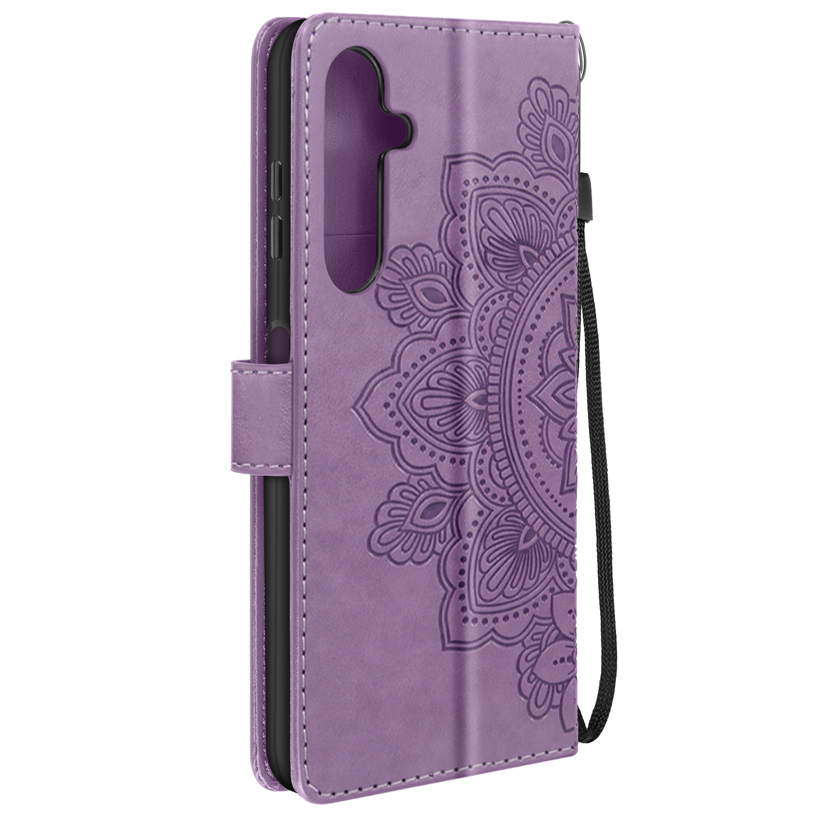 Custodia per telefono viola con motivo mandala. Cinturino nero. Custodia chiusa.