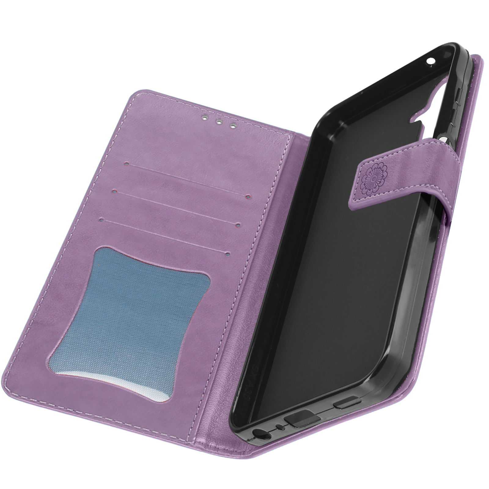 Custodia per telefono viola aperta, che mostra telefono, fessure per carte e chiusura.