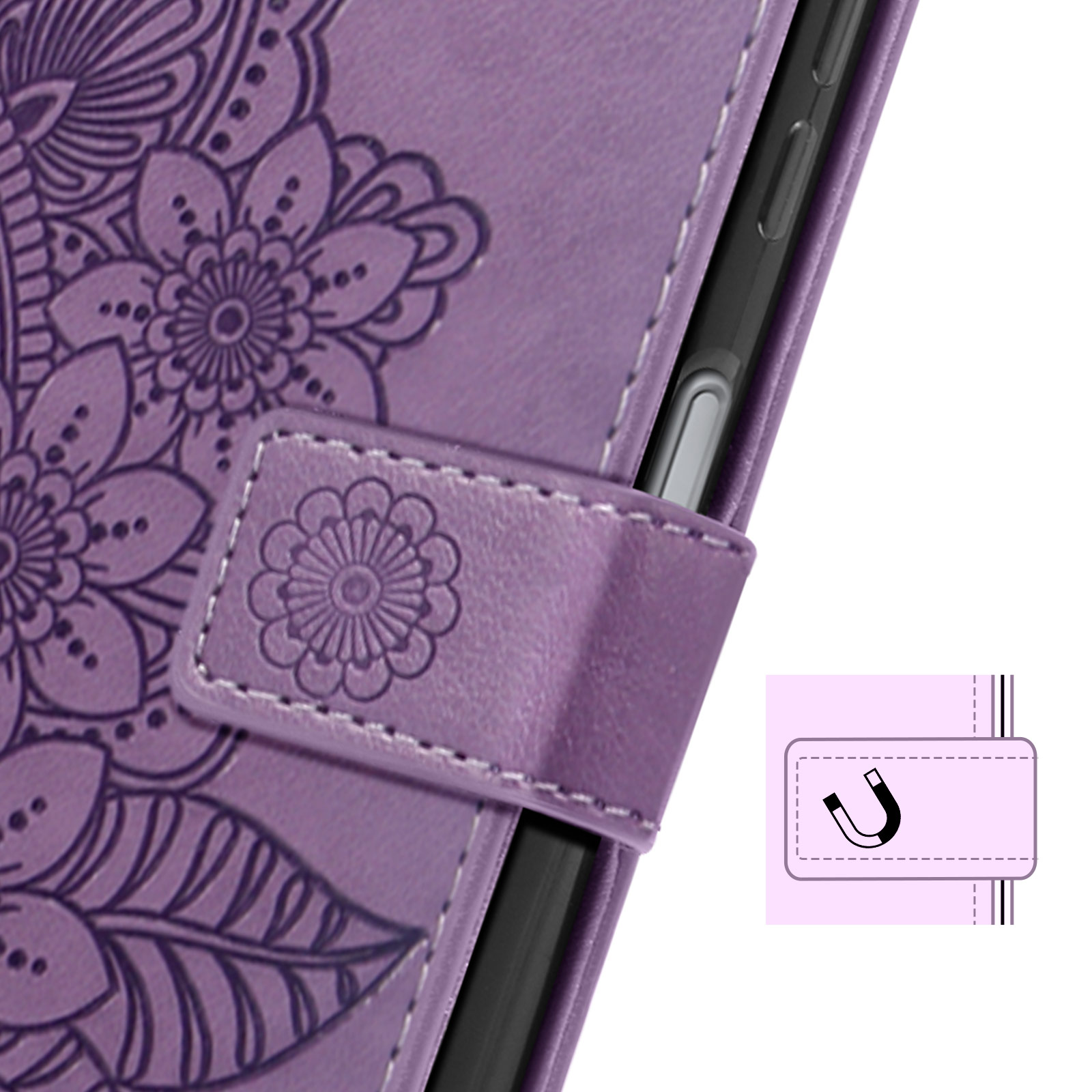 Custodia per telefono viola. La custodia ha un design floreale con chiusura magnetica.