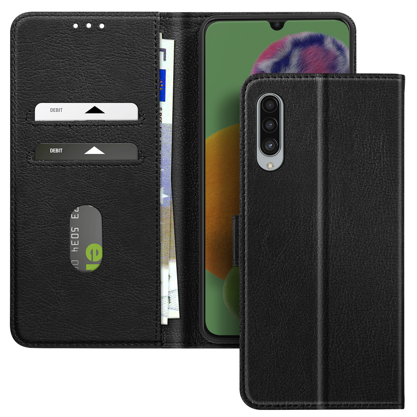 Funda de teléfono negra abierta con tarjetas. El teléfono está dentro. Cuero negro. Se ven tarjetas de débito y dinero.