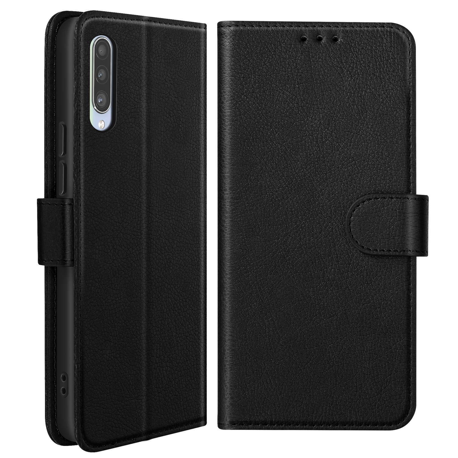 Dos imágenes de una funda negra para teléfono. Una cerrada, la otra abierta, mostrando el teléfono y la cámara.