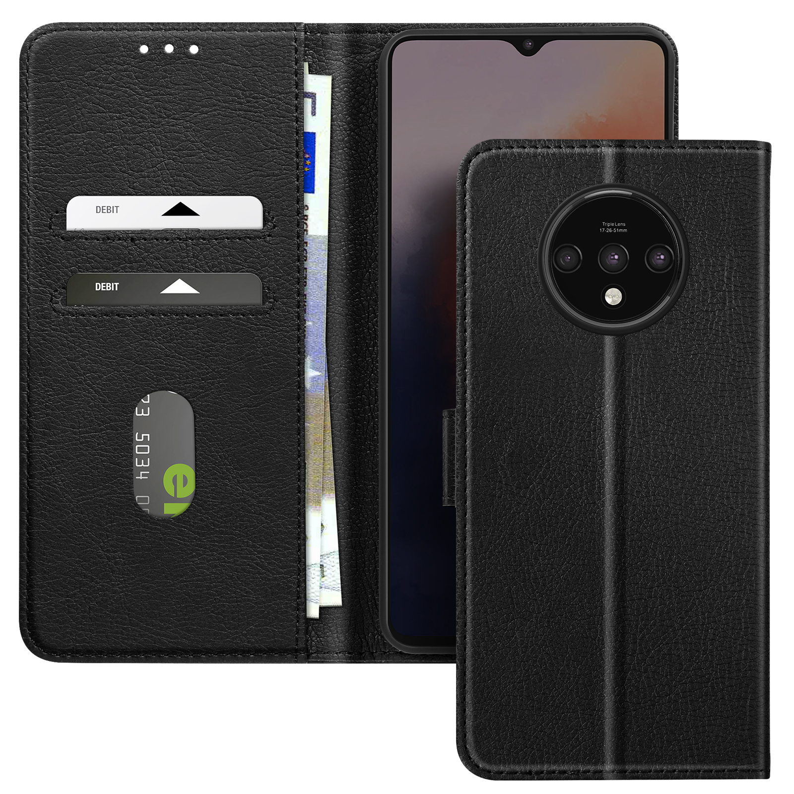Custodia nera aperta con carte e denaro all'interno. Telefono visibile. Custodia su superficie bianca.
