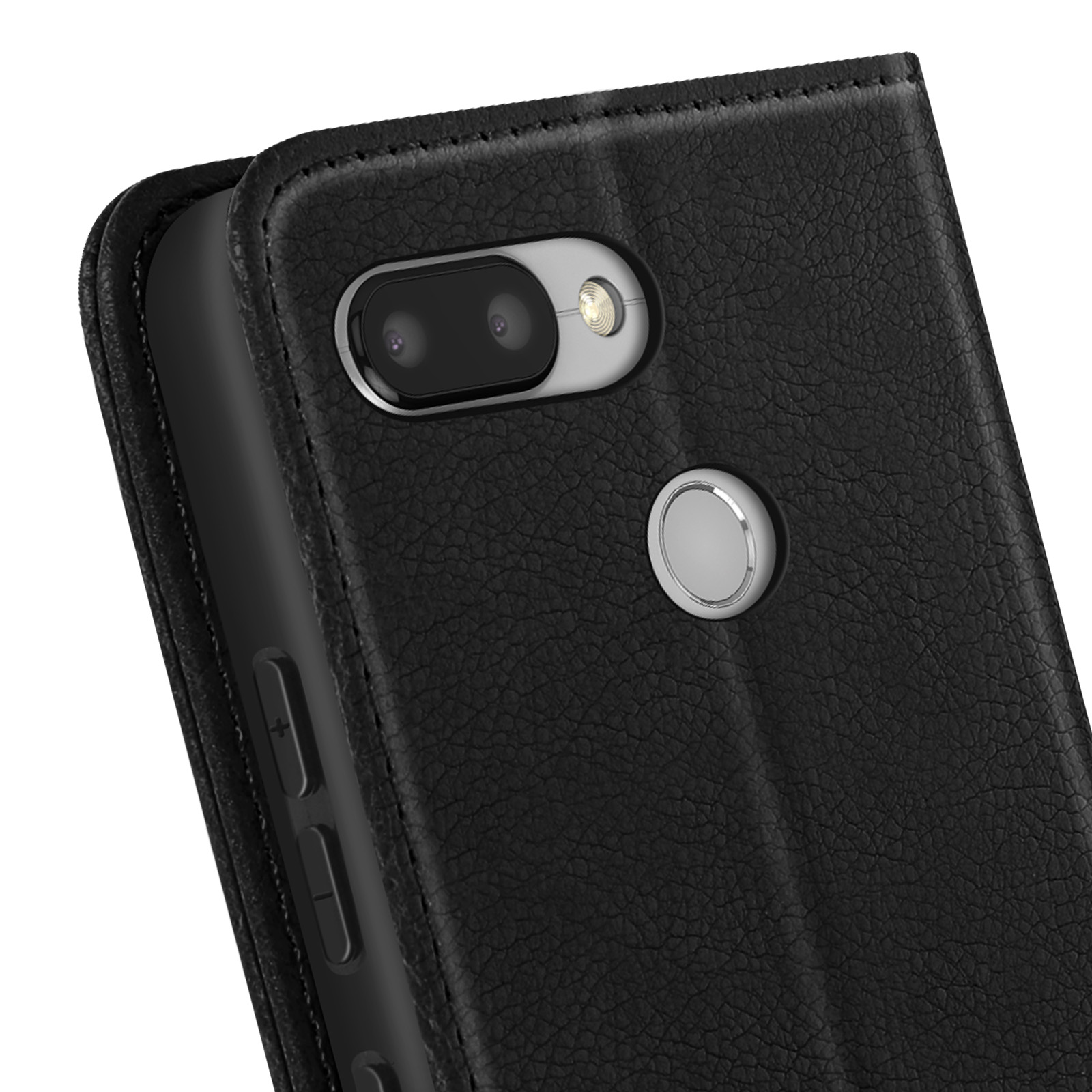 Custodia per telefono in pelle nera, che mostra le lenti della fotocamera e uno scanner di impronte digitali.