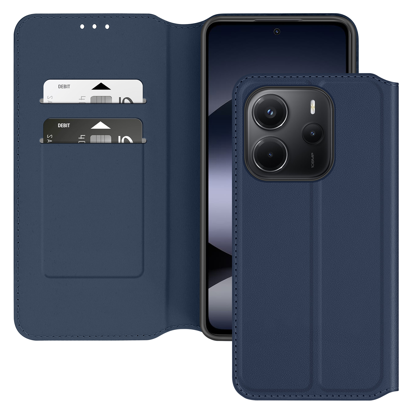Custodia blu aperta con carte e telefono dentro. Colore blu scuro.