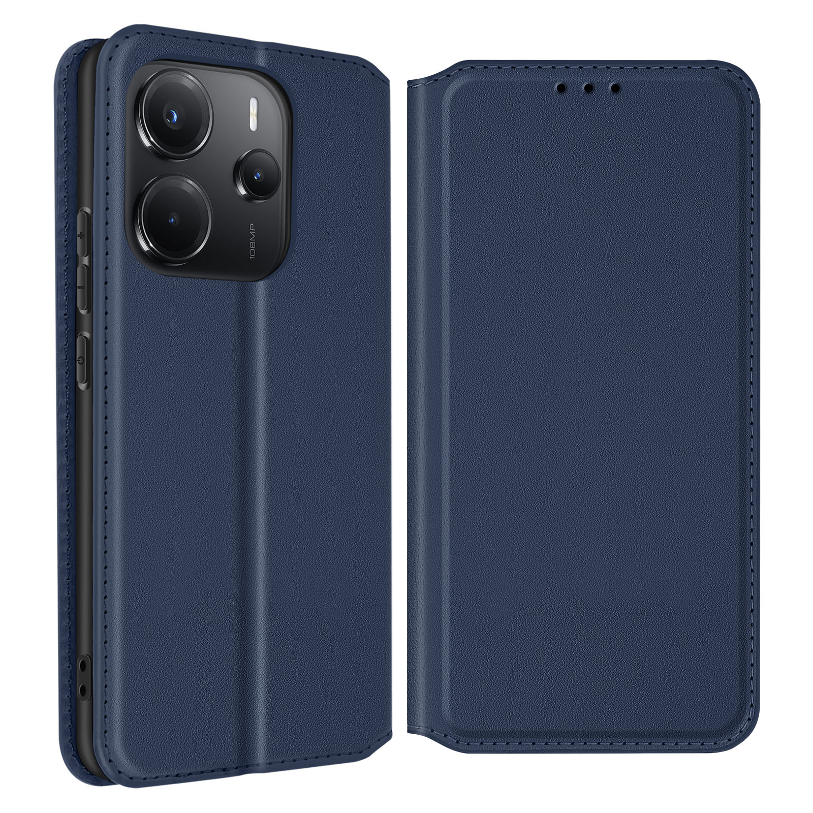 Custodia per telefono blu aperta. Obiettivi multipli della fotocamera.